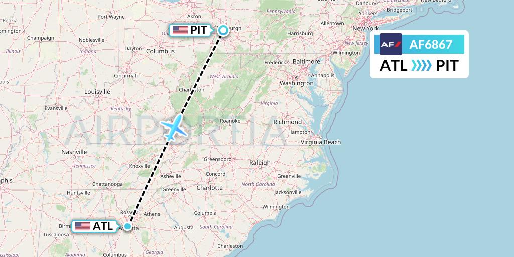 AF6867 Air France Flight Map: Atlanta to Pittsburgh