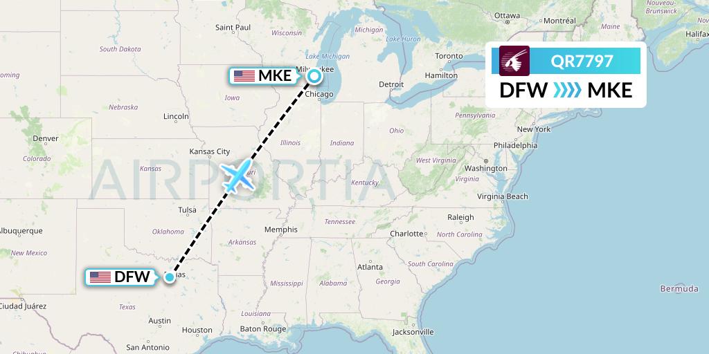 QR7797 Qatar Airways Flight Map: Dallas to Milwaukee