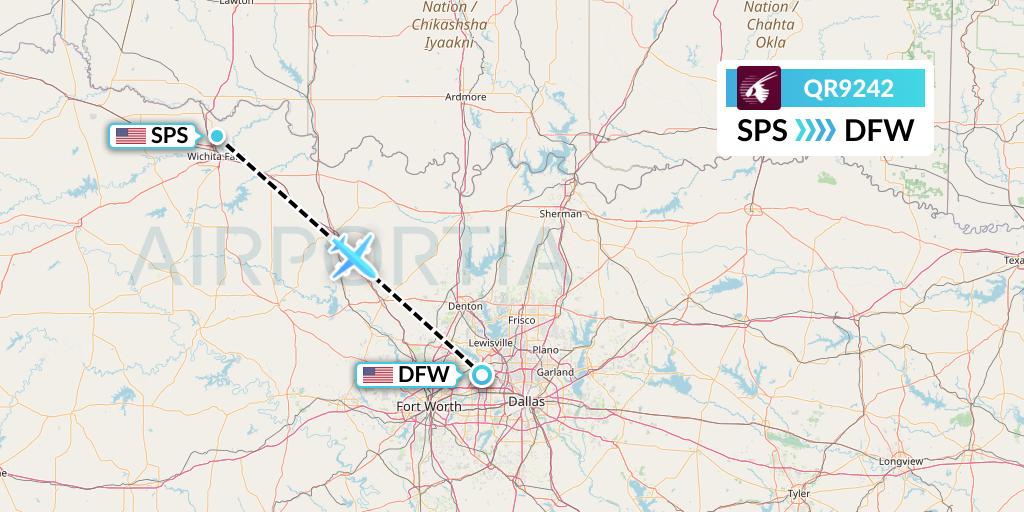 QR9242 Qatar Airways Flight Map: Wichita Falls to Dallas