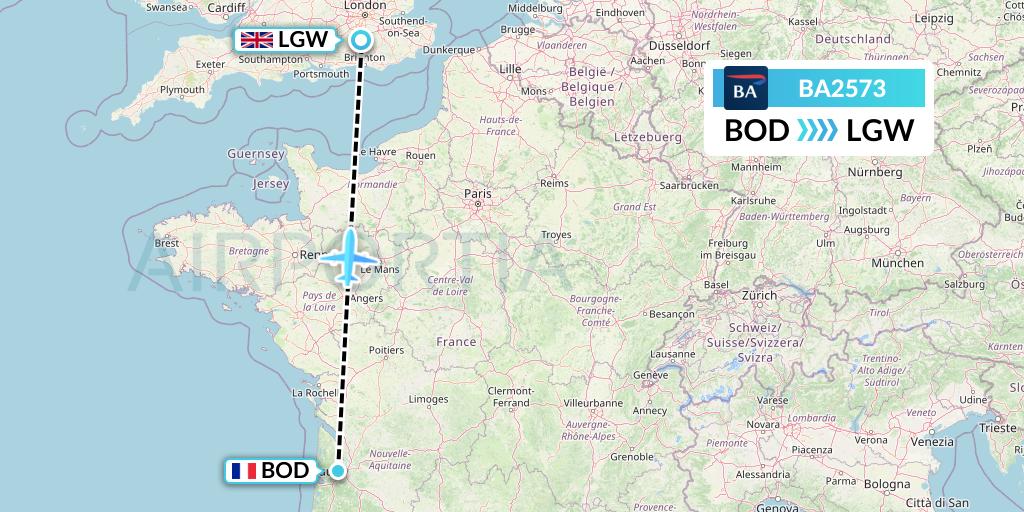 BA2573 British Airways Flight Map: Bordeaux to London