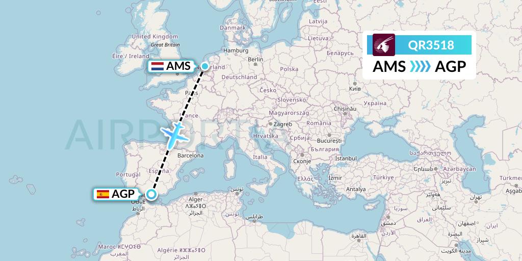 QR3518 Qatar Airways Flight Map: Amsterdam to Malaga