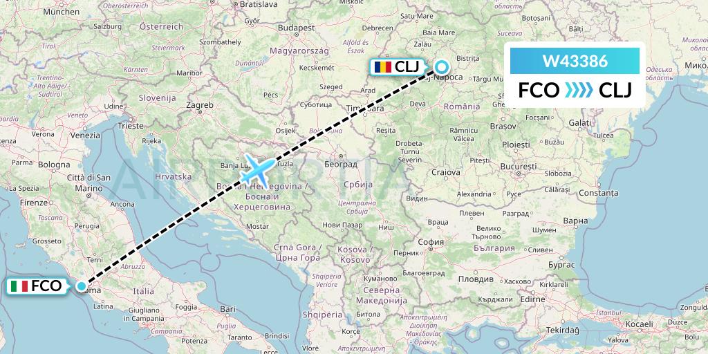 W43386 Wizz Air Malta Flight Map: Rome to Cluj-Napoca