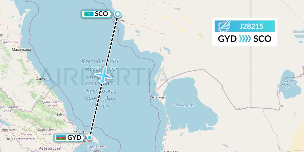 J28215 Azerbaijan Airlines Flight Map: Baku to Aktau