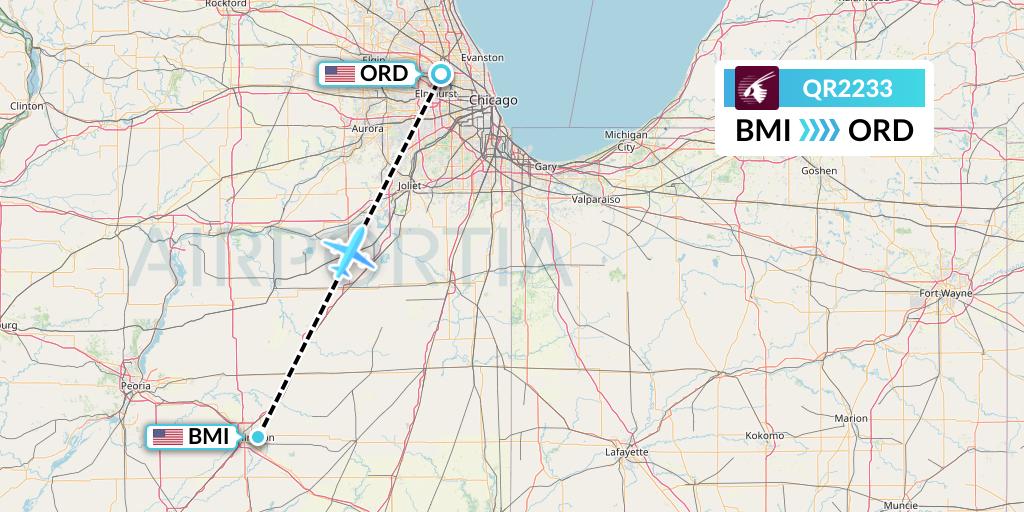 QR2233 Qatar Airways Flight Map: Bloomington to Chicago