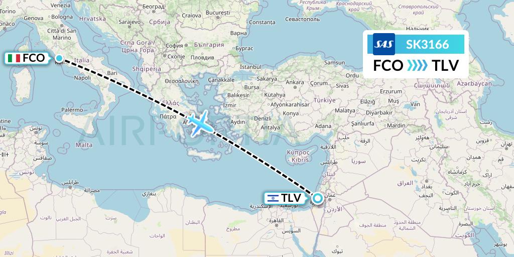 SK3166 SAS Flight Map: Rome to Tel Aviv