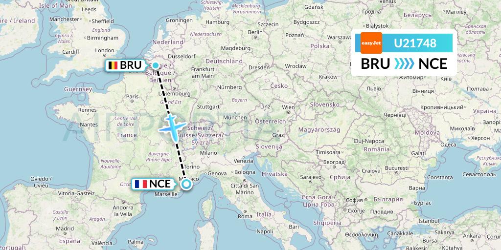 U21748 EasyJet Flight Map: Brussels to Nice