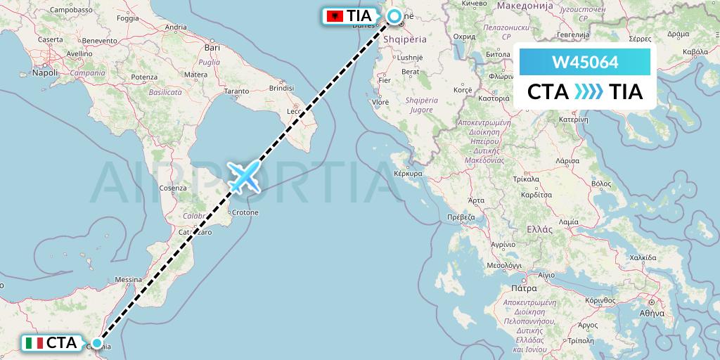 W45064 Wizz Air Malta Flight Map: Catania to Tirana