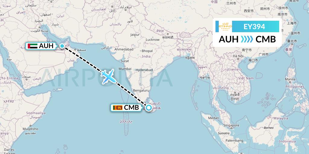 EY394 Etihad Airways Flight Map: Abu Dhabi to Colombo