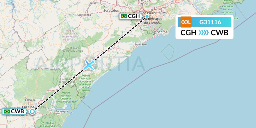 G31116 GOL Transportes Aeros Flight Map: Sao Paulo to Curitiba