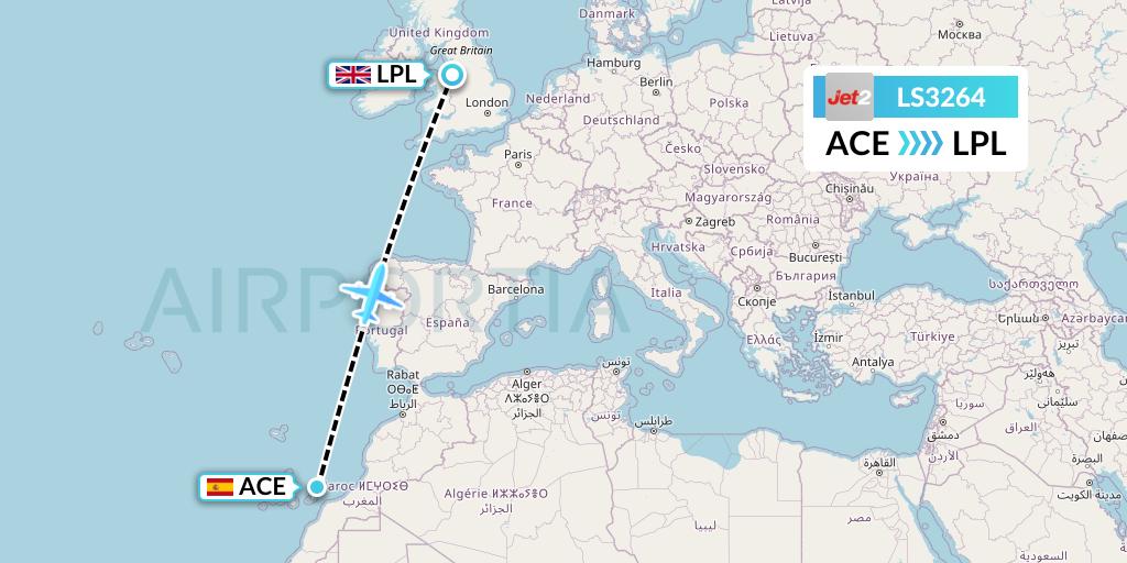 LS3264 Jet2 Flight Map: Lanzarote to Liverpool