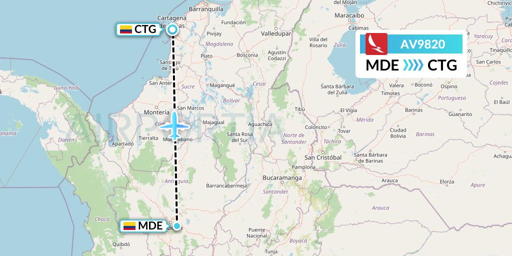 AV9820 Avianca Flight Map: Medellin to Cartagena