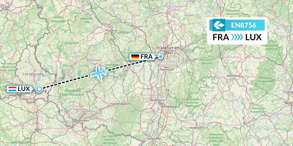 EN8756 Air Dolomiti Flight Map: Frankfurt to Luxembourg