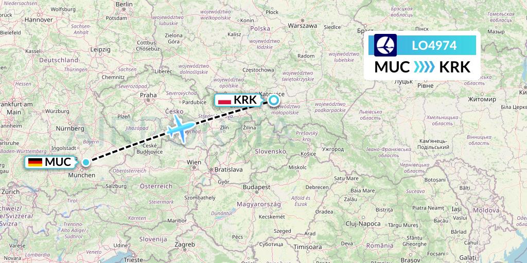 LO4974 LOT Flight Map: Munich to Krakow
