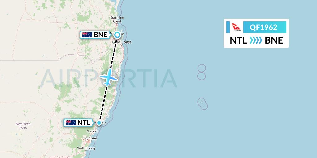QF1962 Qantas Flight Map: Newcastle to Brisbane