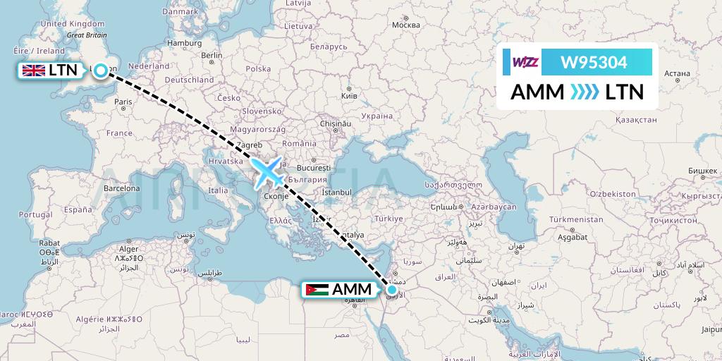 W95304 Wizz Air UK Flight Map: Amman to London