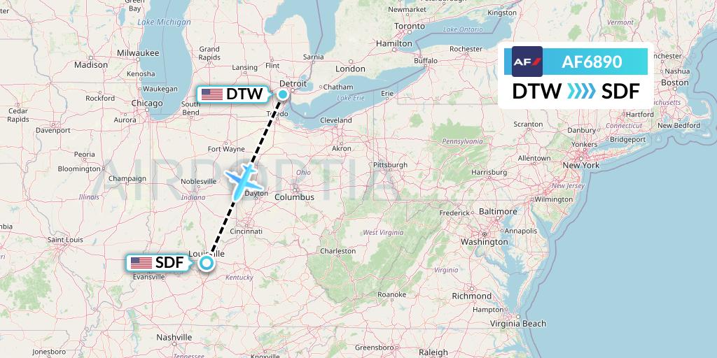 AF6890 Air France Flight Map: Detroit to Louisville