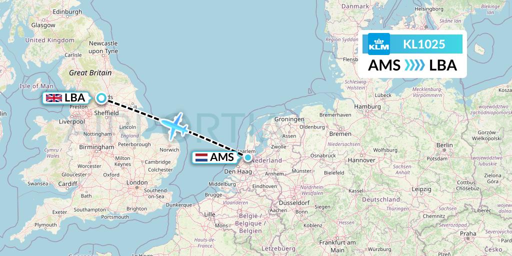 KL1025 KLM Flight Map: Amsterdam to Leeds