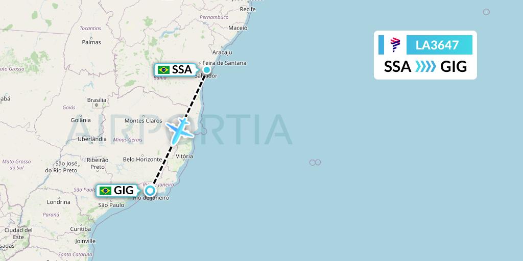 LA3647 LAN Airlines Flight Map: Salvador to Rio de Janeiro