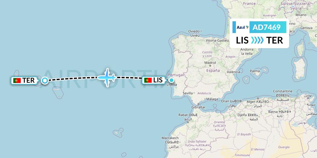 AD7469 Azul Brazilian Airlines Flight Map: Lisbon to Lajes