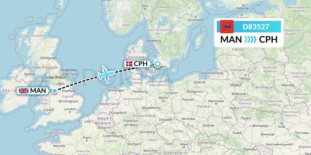 D83527 Norwegian Air International Flight Map: Manchester to Copenhagen