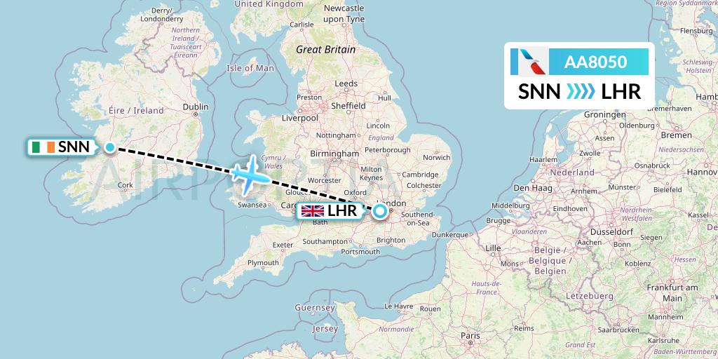 AA8050 American Airlines Flight Map: Shannon to London