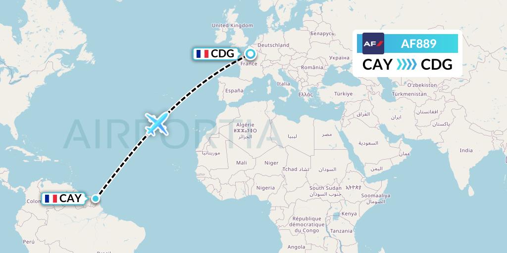 AF889 Air France Flight Map: Cayenne to Paris