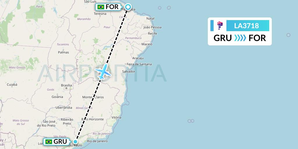 LA3718 LAN Airlines Flight Map: Sao Paulo to Fortaleza