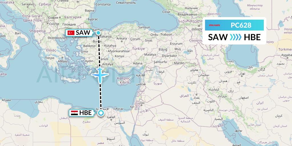 PC628 Pegasus Airlines Flight Map: Istanbul to Alexandria