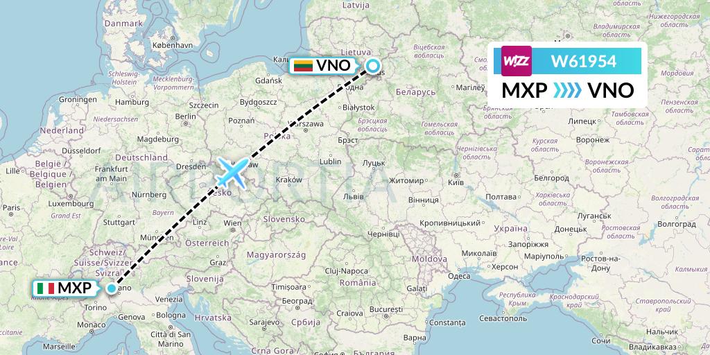 W61954 Wizz Air Flight Map: Milan to Vilnius