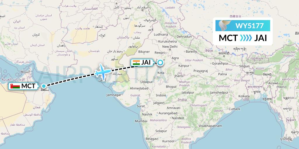 WY5177 Oman Air Flight Map: Muscat to Jaipur