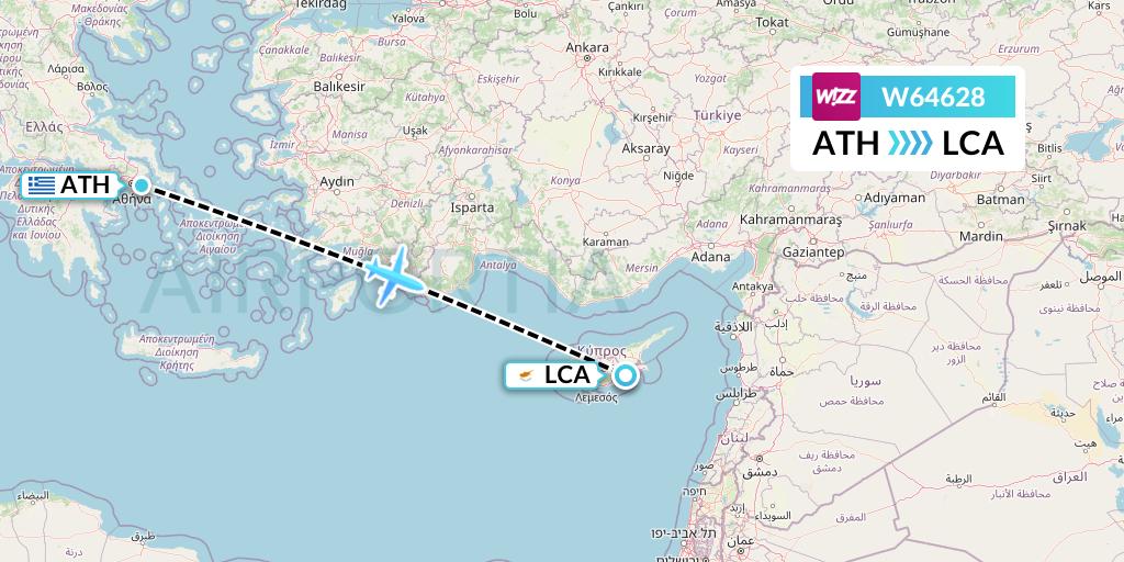 W64628 Wizz Air Flight Map: Athens to Larnaca