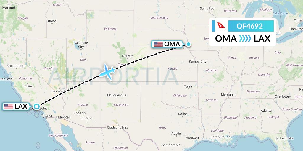 QF4692 Qantas Flight Map: Omaha to Los Angeles