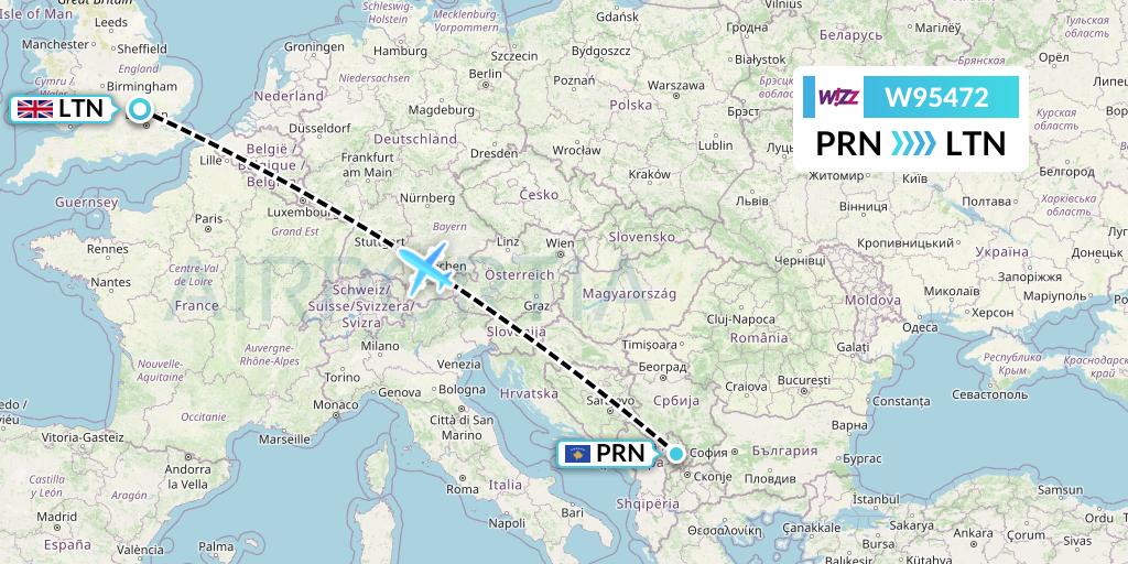 W95472 Wizz Air UK Flight Map: Pristina to London