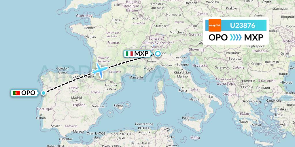 U23876 EasyJet Flight Map: Porto to Milan