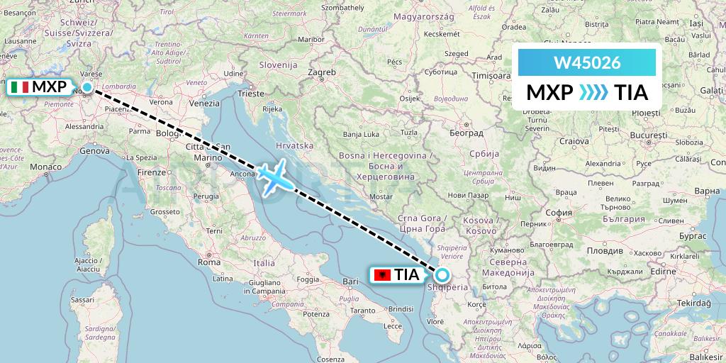 W45026 Wizz Air Malta Flight Map: Milan to Tirana