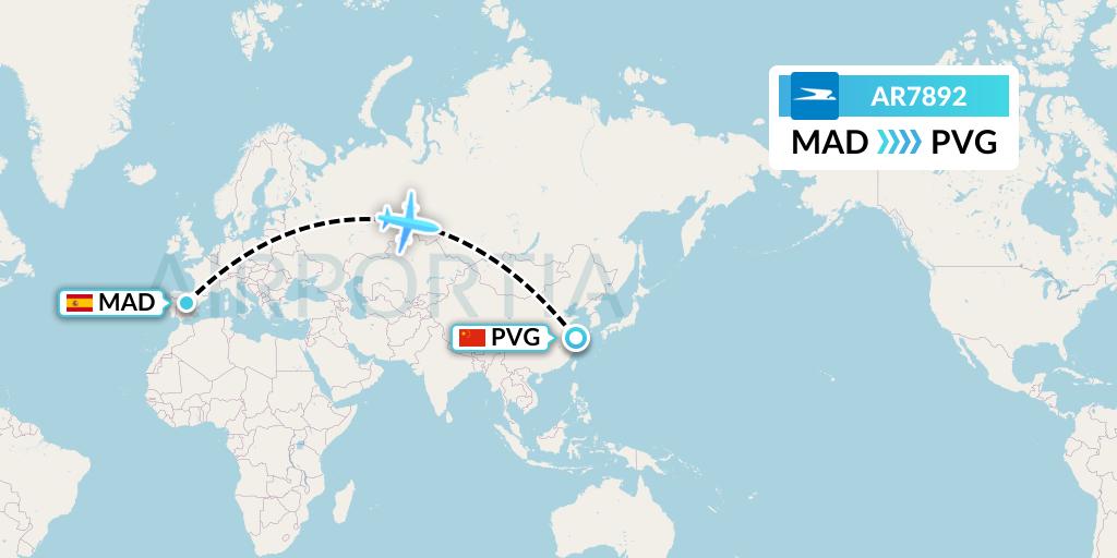 AR7892 Aerolineas Argentinas Flight Map: Madrid to Shanghai