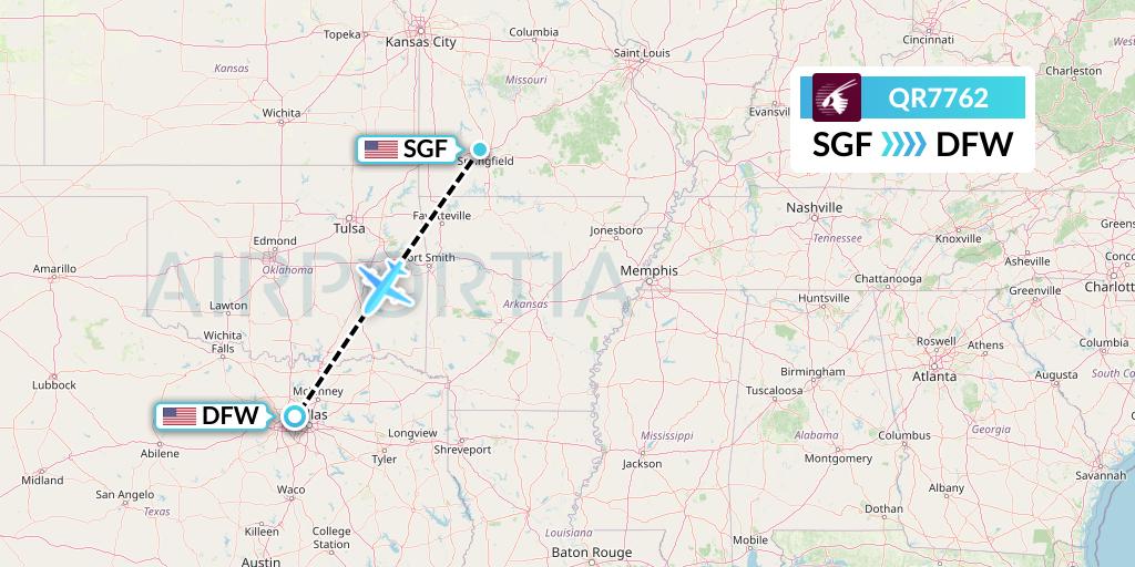 QR7762 Qatar Airways Flight Map: Springfield to Dallas