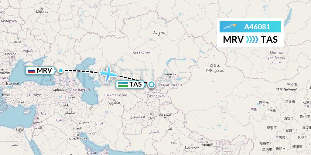 A46081 Azimuth Airlines Flight Map: Mineralnye Vody to Tashkent