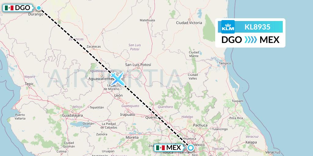 KL8935 KLM Flight Map: Durango to Mexico City