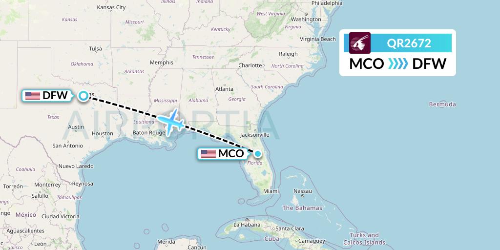 QR2672 Qatar Airways Flight Map: Orlando to Dallas