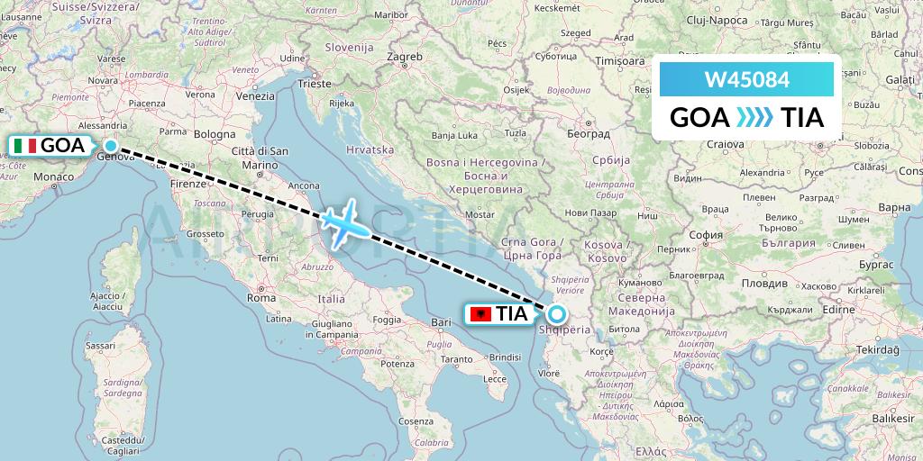 W45084 Wizz Air Malta Flight Map: Genoa to Tirana