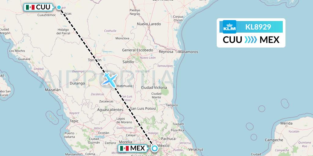 KL8929 KLM Flight Map: Chihuahua to Mexico City