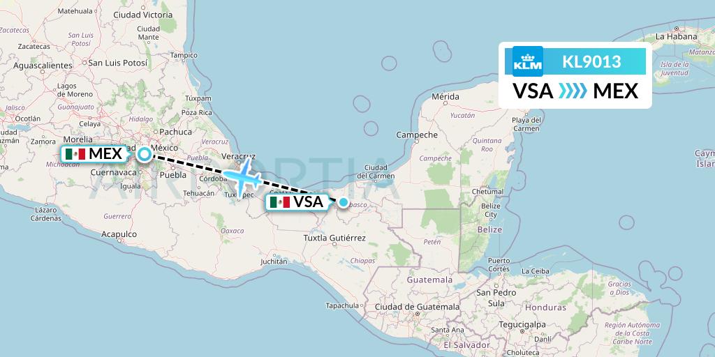 KL9013 KLM Flight Map: Villahermosa to Mexico City