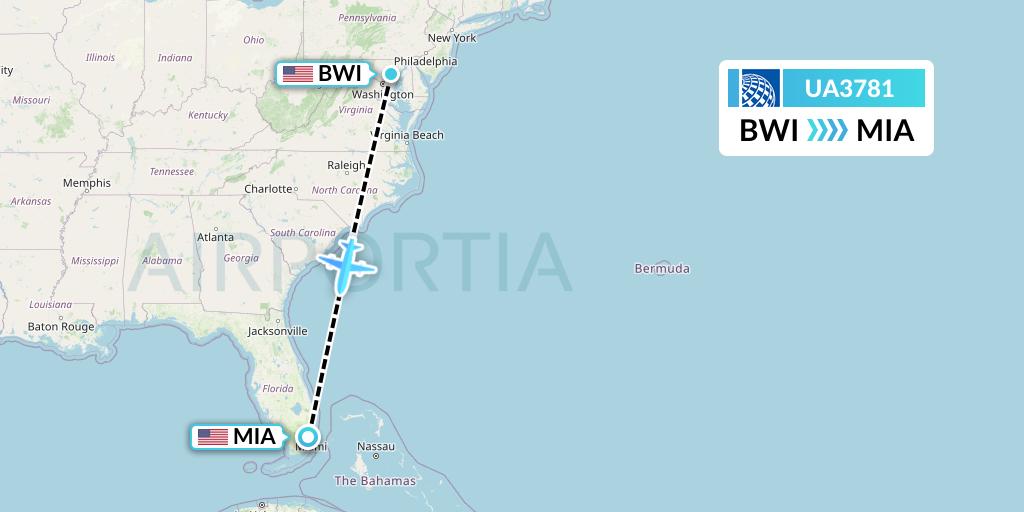 UA3781 United Airlines Flight Map: Baltimore to Miami