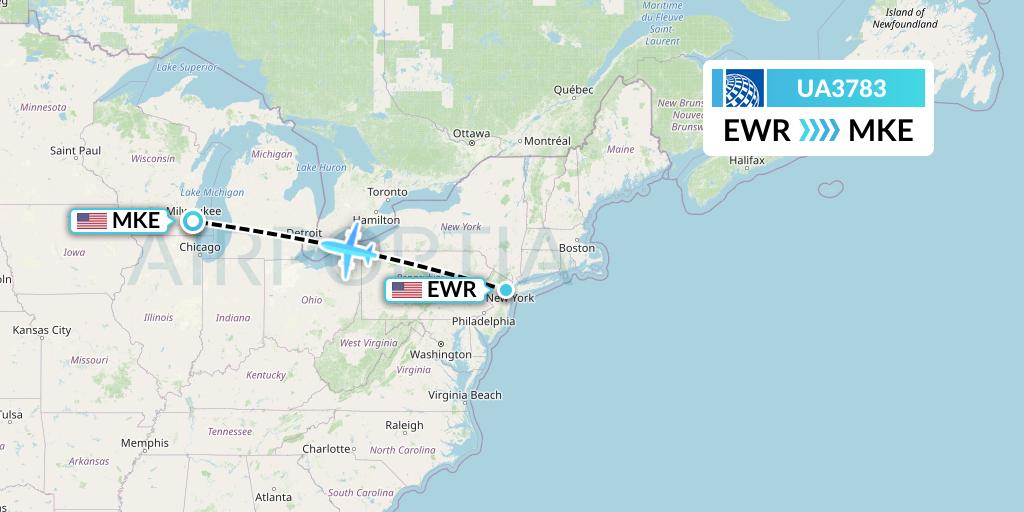 UA3783 United Airlines Flight Map: New York to Milwaukee