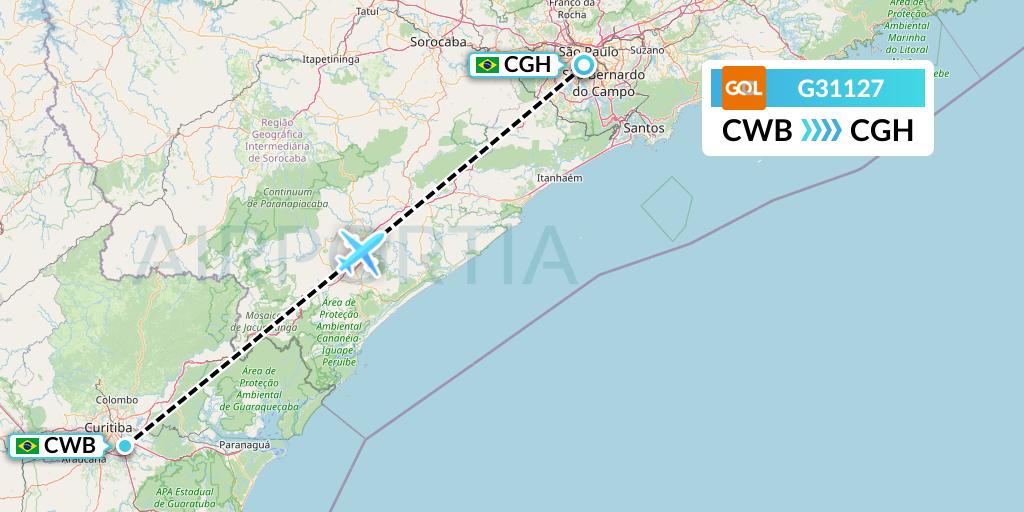 G31127 GOL Transportes Aeros Flight Map: Curitiba to Sao Paulo