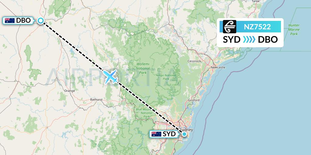 NZ7522 Air New Zealand Flight Map: Sydney to Dubbo