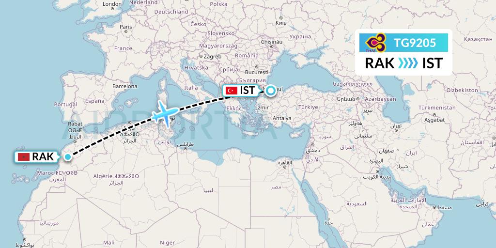 TG9205 Thai Airways Flight Map: Marrakesh to Istanbul