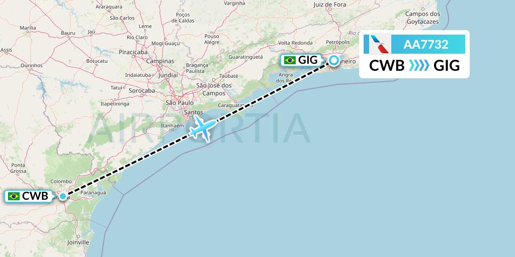 AA7732 American Airlines Flight Map: Curitiba to Rio de Janeiro