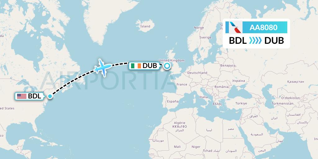 AA8080 American Airlines Flight Map: Windsor Locks to Dublin